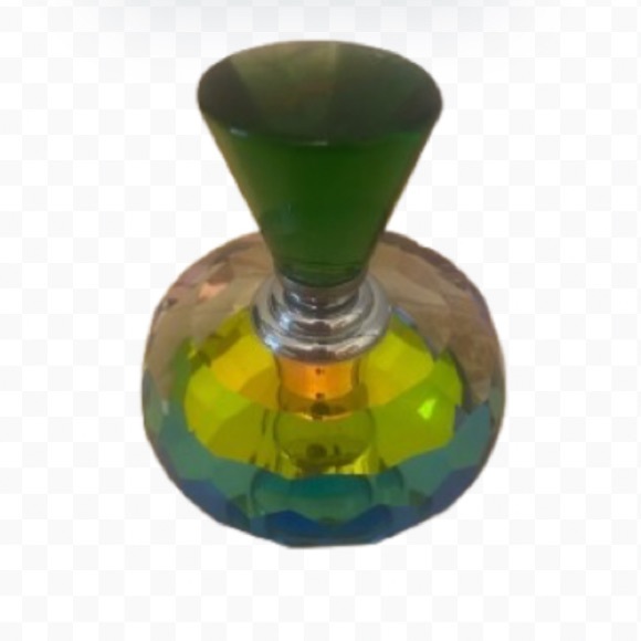 Perfume Glass Bottle Round Rainbow Geometric Prism w/ Green Stopper Vintage - Picture 7 of 12